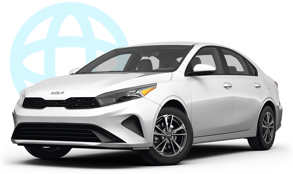 White 2024 Kia Forte in front of a web globe graphic.