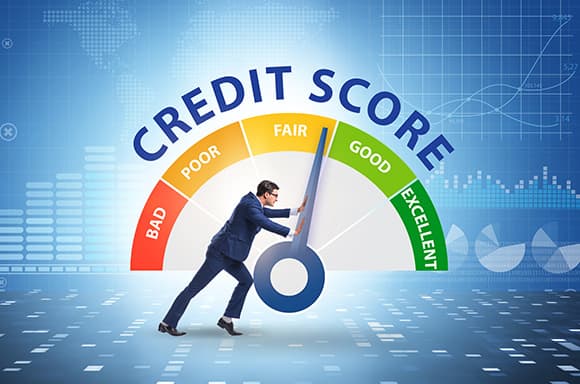 Illustration of someone trying to improve their credit score, by pushing the credit score meter