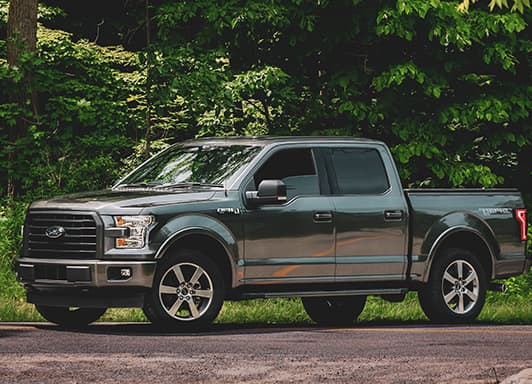 Gray Metallic F-150 Ford Truck, parked on the road.