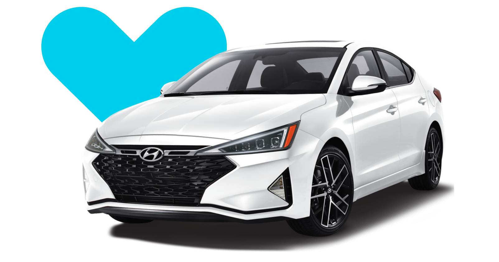 White 2023 Hyundai Elantra in front of a blue heart graphic.
