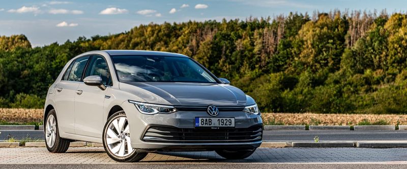 Image of a gray Volkswagen Golf parked outside.