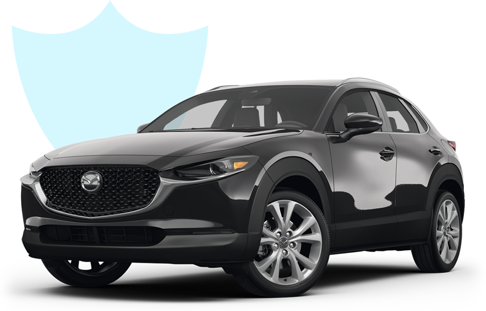 Black 2024 Mazda CX-5 in front of a light blue shield graphic.