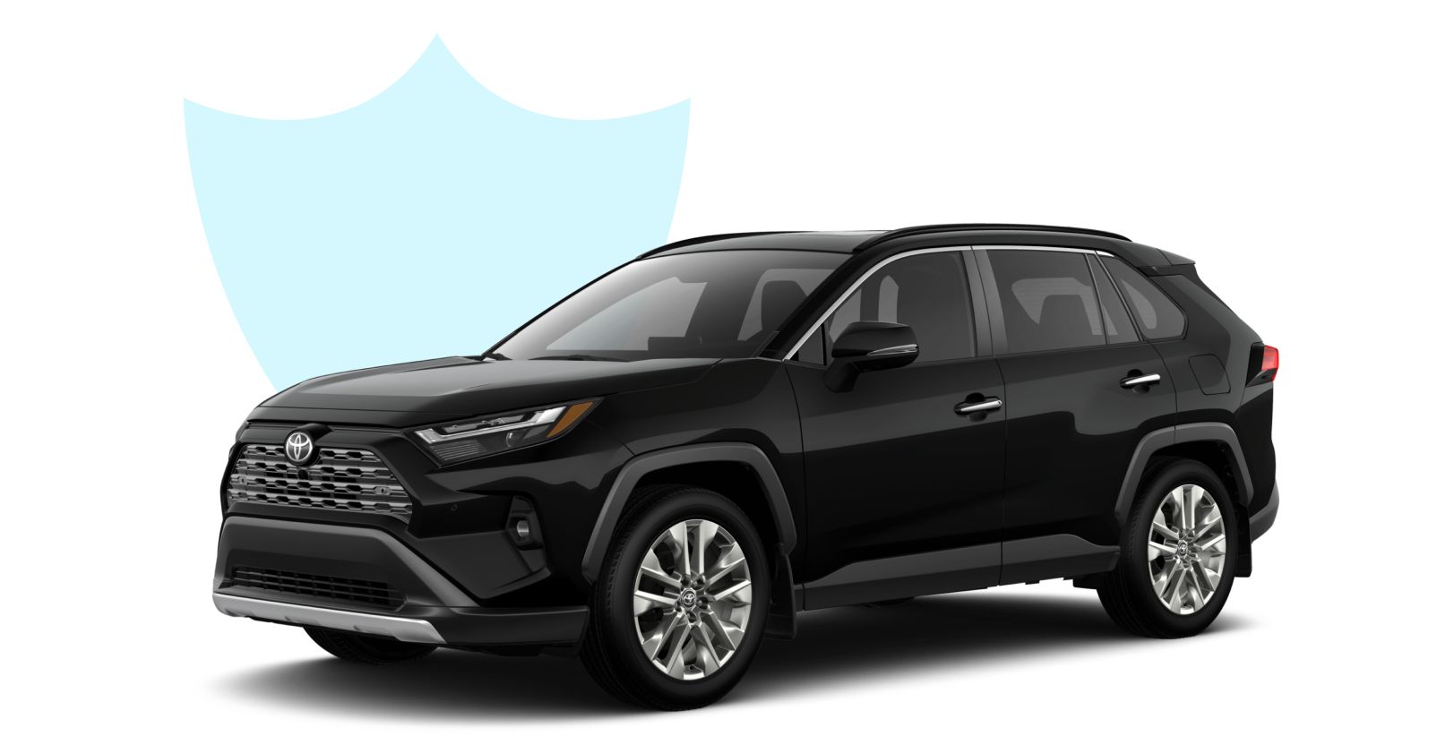 Black 2023 Toyota RAV-4 in front of a blue shield graphic.